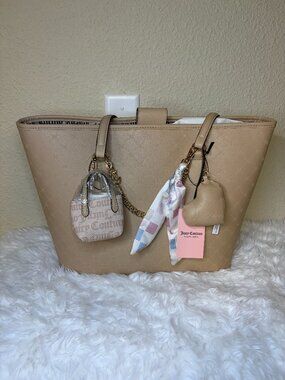 Juicy Couture More Is More Beige Tote Bag Monogram Scarf Mini Bag Charm NWT